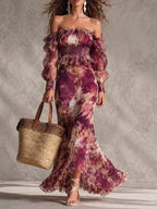 Abito Maxi Rosa Cipria in Chiffon Floreale con Spalle Scoperte