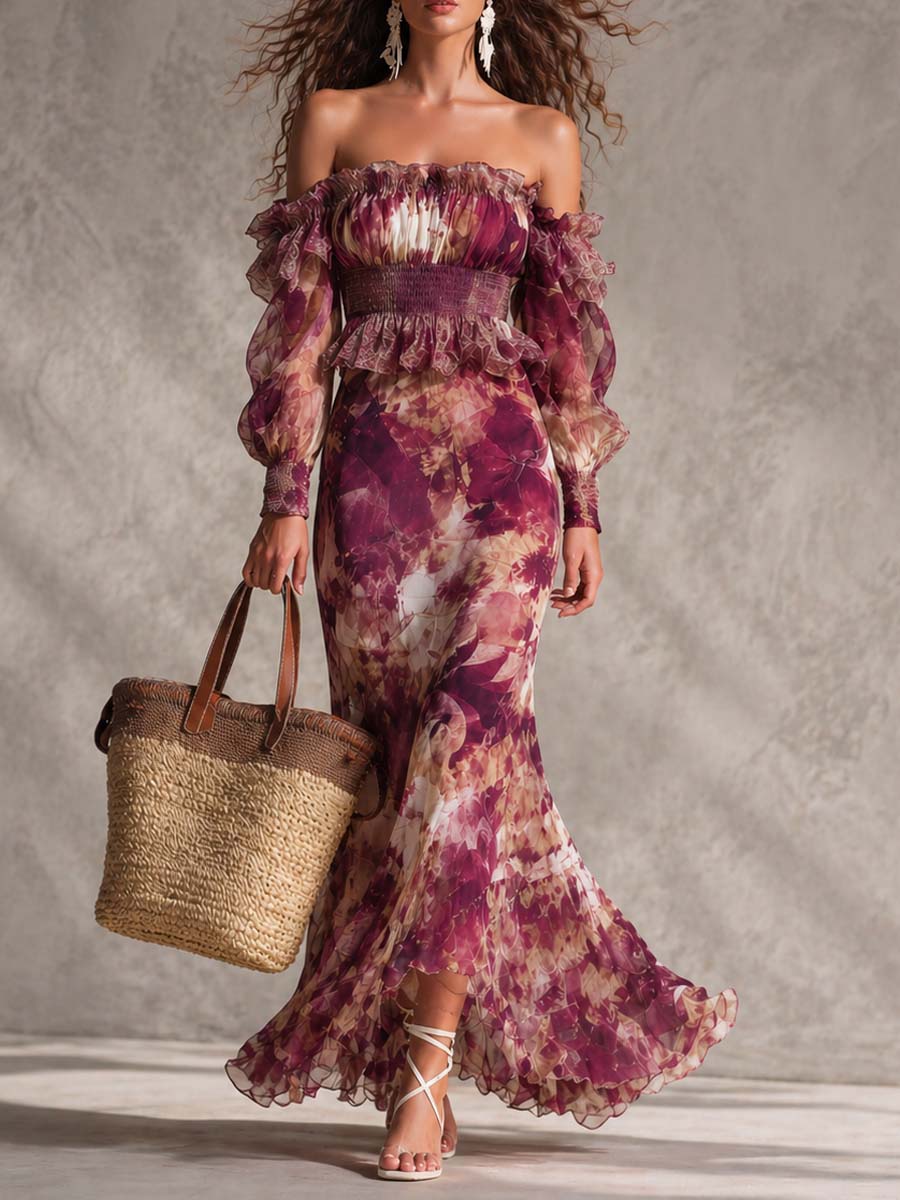 Abito Maxi Rosa Cipria in Chiffon Floreale con Spalle Scoperte