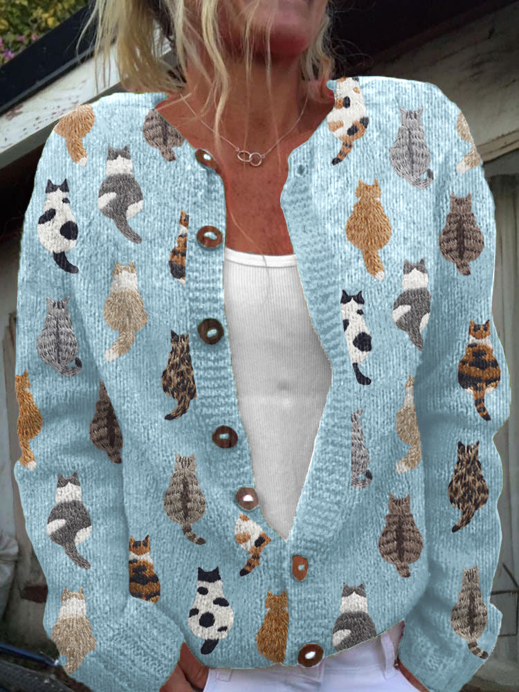 Charlotte | Cardigan in Maglia con Stampa Gatti - Blu
