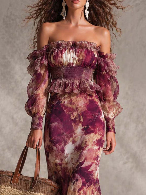 Abito Maxi Rosa Cipria in Chiffon Floreale con Spalle Scoperte