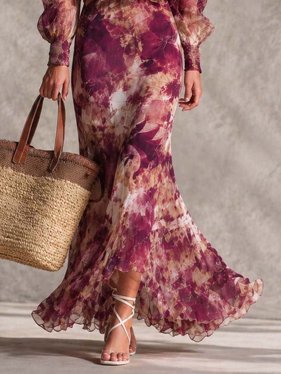 Abito Maxi Rosa Cipria in Chiffon Floreale con Spalle Scoperte