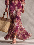 Abito Maxi Rosa Cipria in Chiffon Floreale con Spalle Scoperte