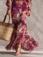 Abito Maxi Rosa Cipria in Chiffon Floreale con Spalle Scoperte