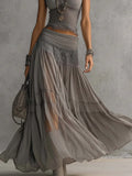 Completo Grigio con Top in Pizzo Trasparente e Gonna Maxi Plissettata
