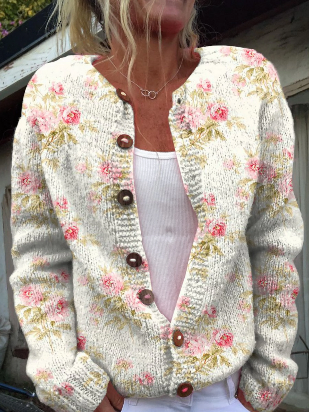Kerensa | Cardigan in Maglia Grossa con Fiori Rosa