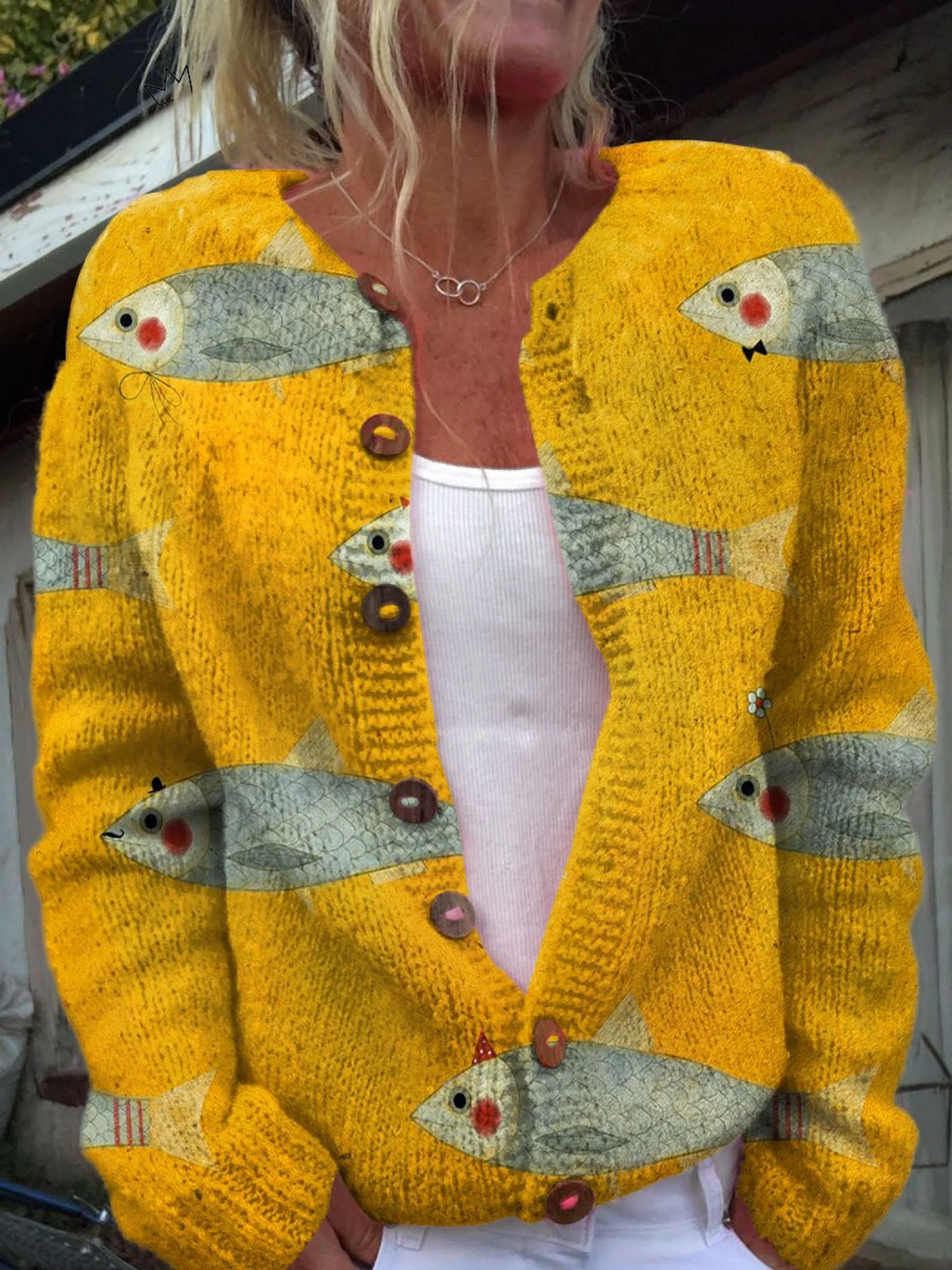 Anouk | Cardigan in Maglia Giallo con Stampa Pesci