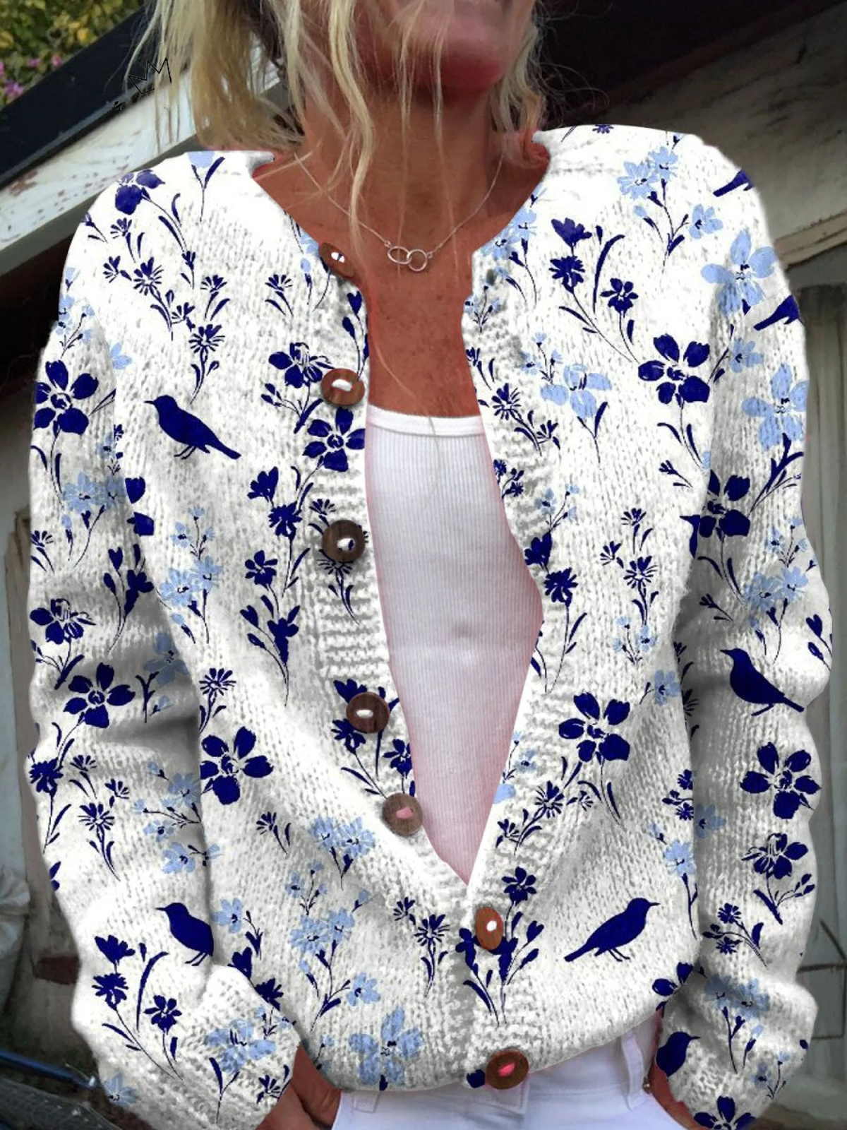 Vynora | Cardigan in Maglia con Fiori e Uccellini