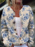 Daysie | Cardigan in Maglia con Fiori Blu Vintage