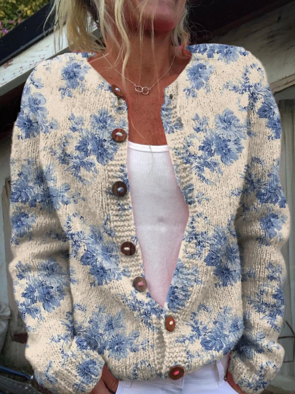 Daysie | Cardigan in Maglia con Fiori Blu Vintage
