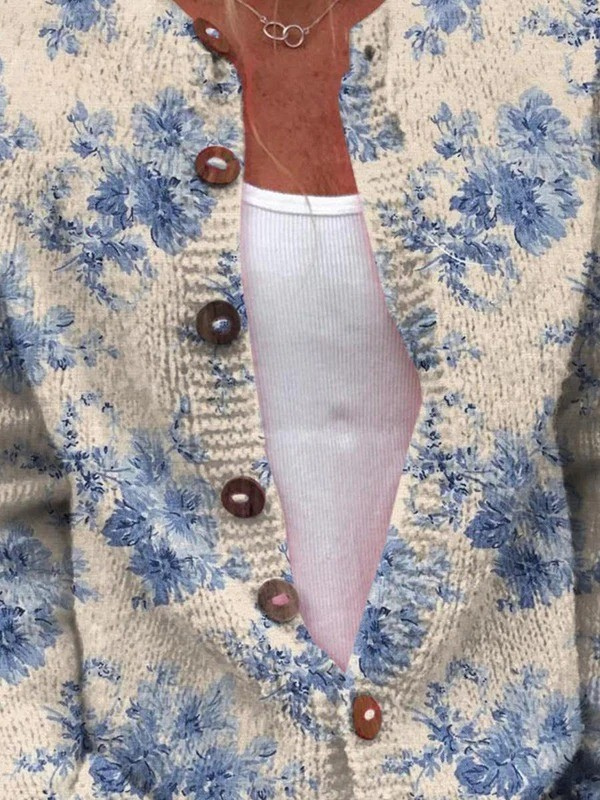 Daysie | Cardigan in Maglia con Fiori Blu Vintage