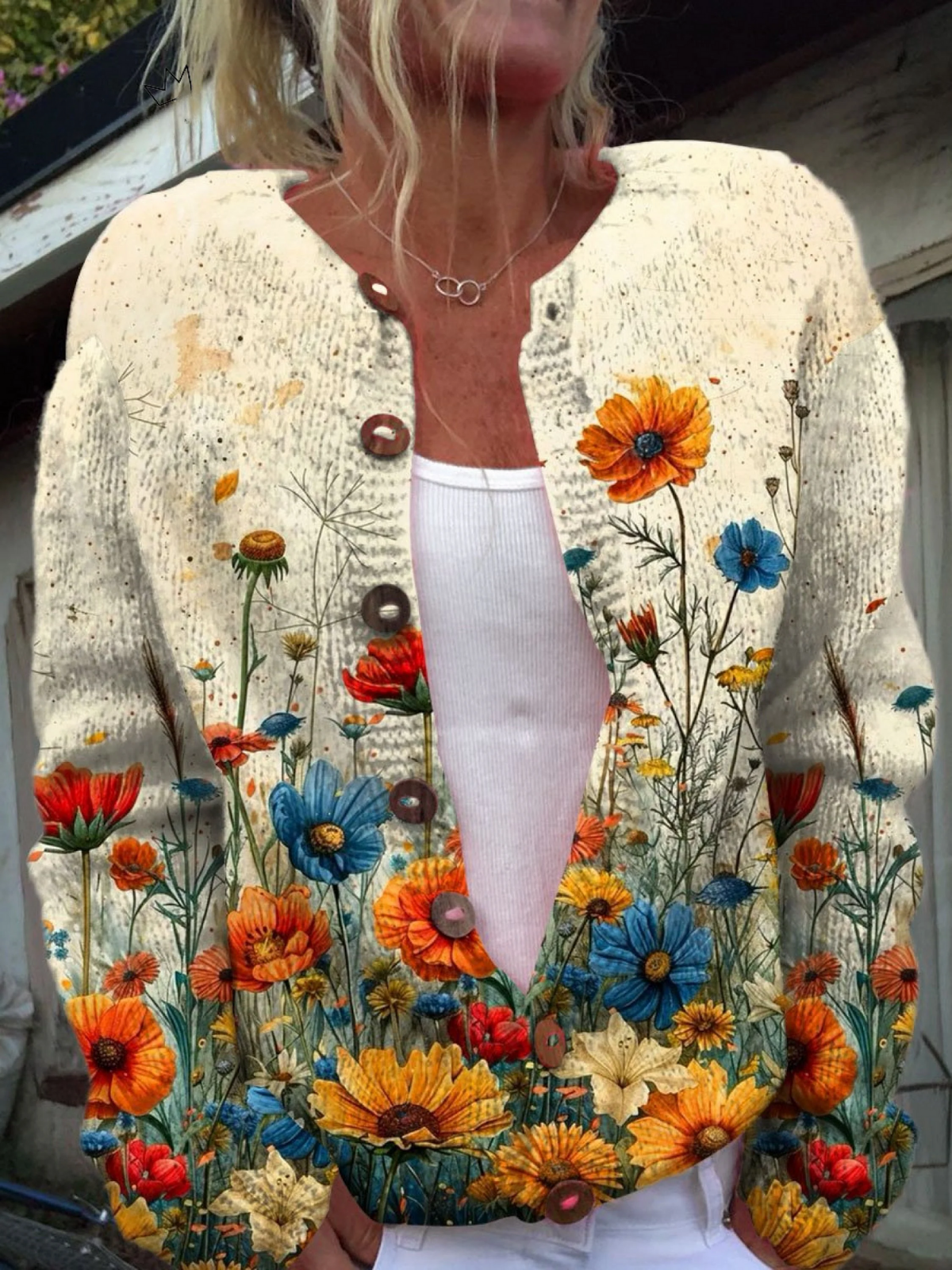 Tansy | Cardigan in Maglia con Stampa Fiori di Campo