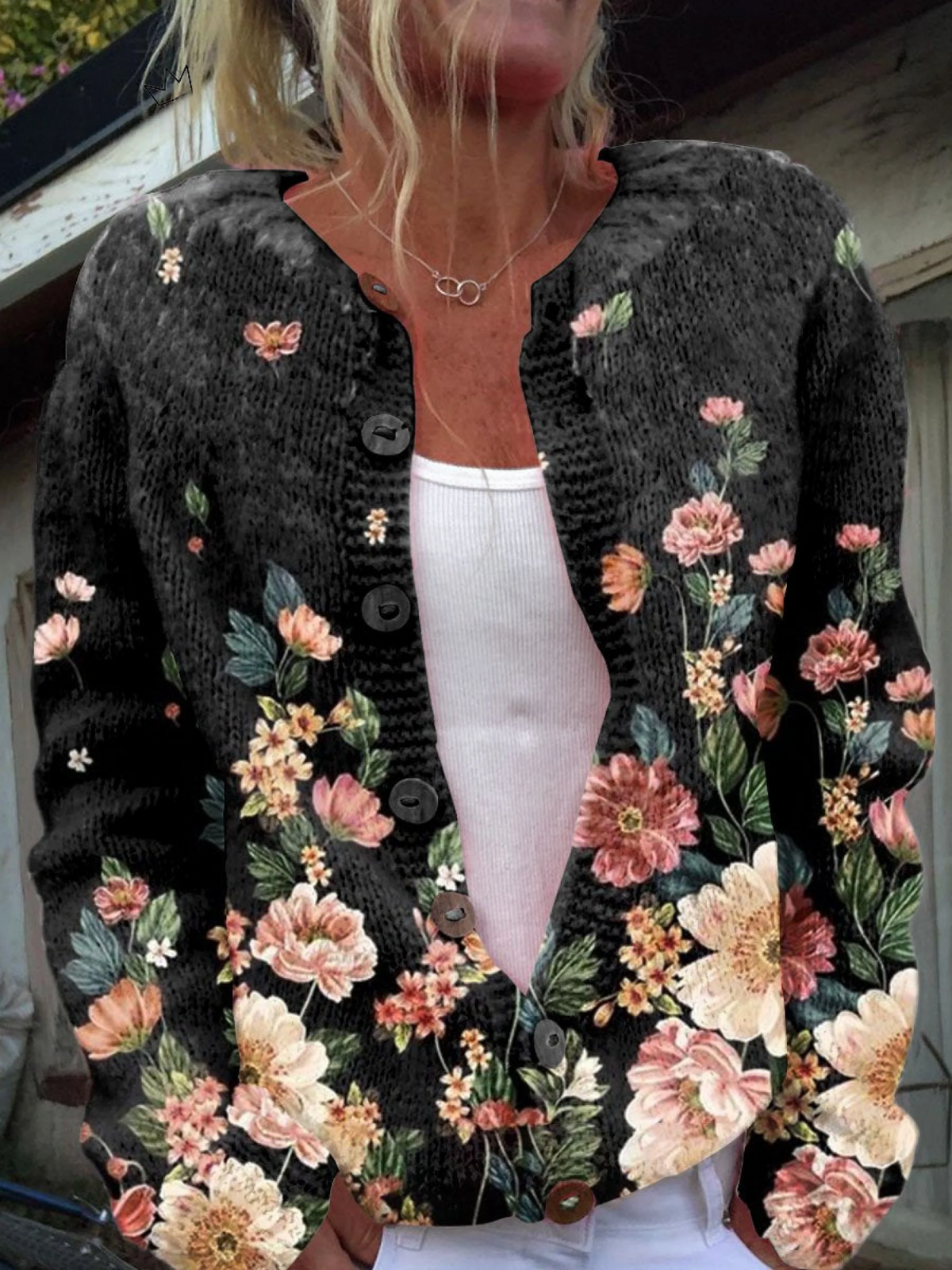 Kivara | Cardigan in Maglia Nero con Stampa Botanica