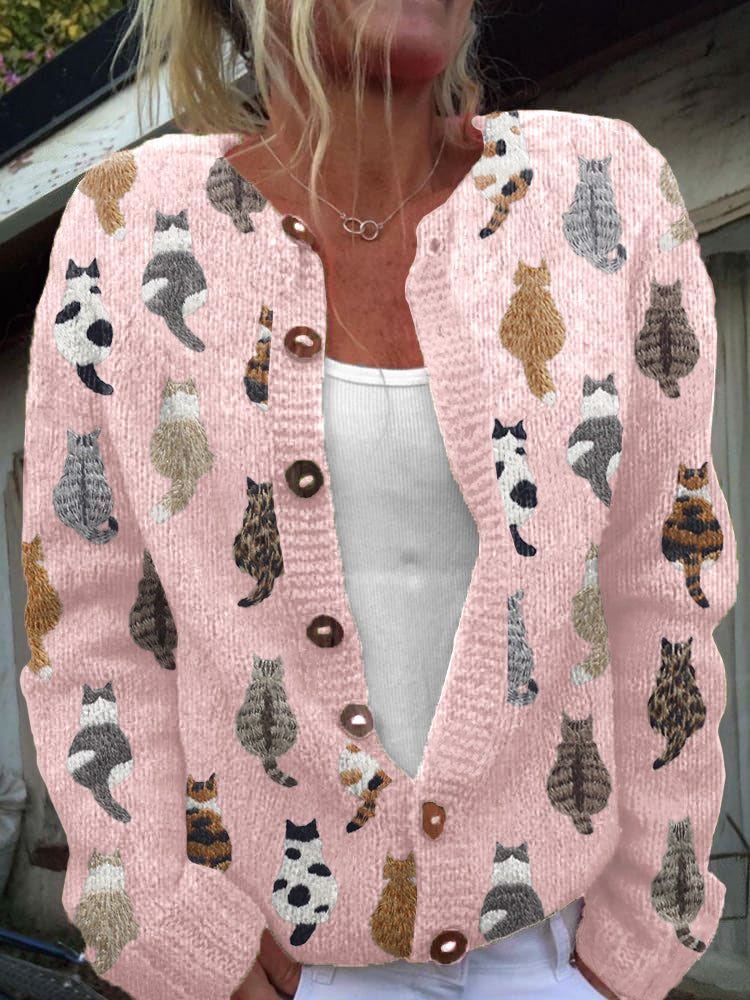 Charlotte | Cardigan in Maglia con Stampa Gatti - Rosa