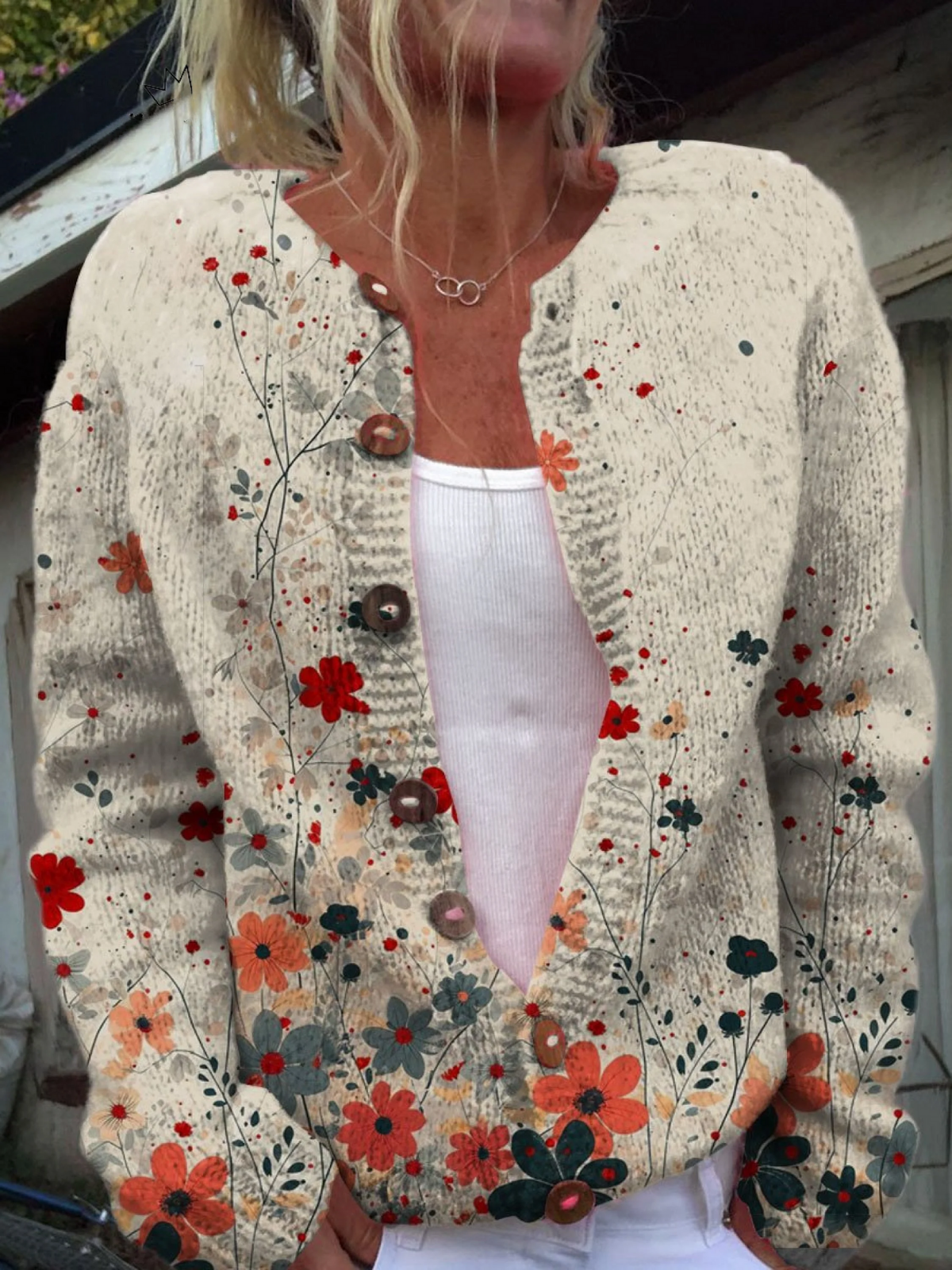 Sabrina | Cardigan in Maglia con Fiori Rossi e Corallo