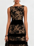 Abito Midi Nero Smanicato in Tulle Floreale con Linea ad A