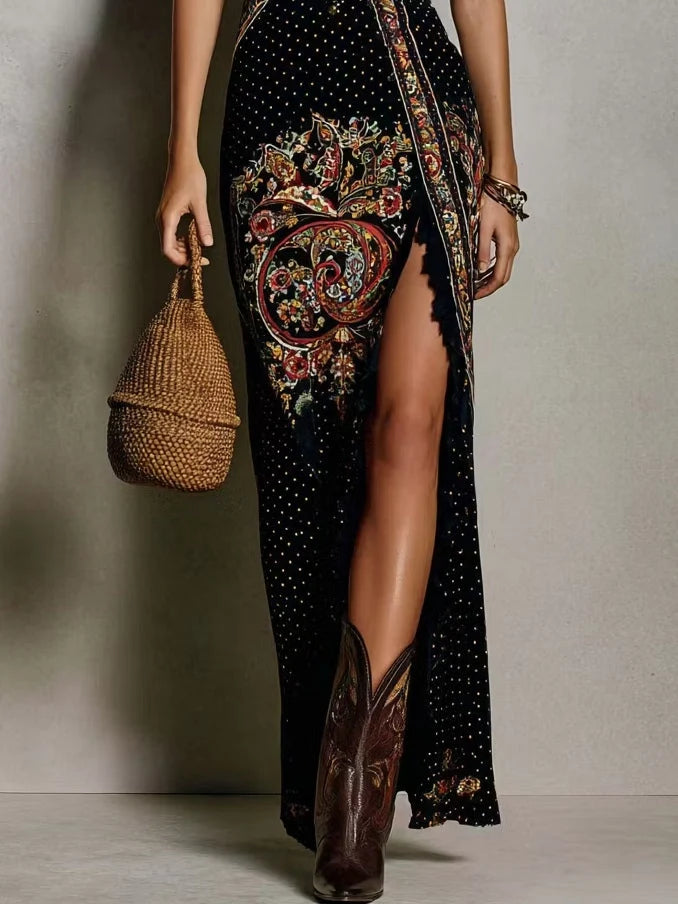 Abito Stampato in Stile Boho con Profondo Scollo a V e Spacco Alto