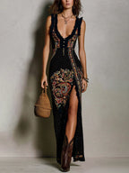 Abito Stampato in Stile Boho con Profondo Scollo a V e Spacco Alto