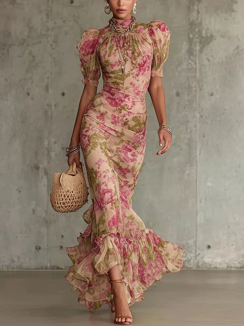 Abito Maxi Vintage con Stampa di Rose e Maniche a Sbuffo (Accessori non inclusi)