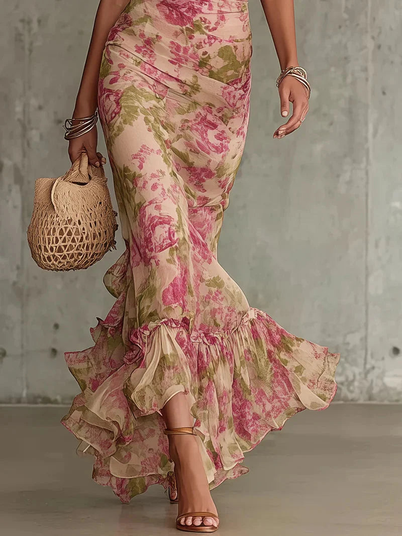 Abito Maxi Vintage con Stampa di Rose e Maniche a Sbuffo (Accessori non inclusi)