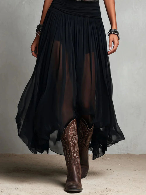 # Abito Maxi Nero Smanicato con Top a Canotta, Gonna in Tulle e Cintura
