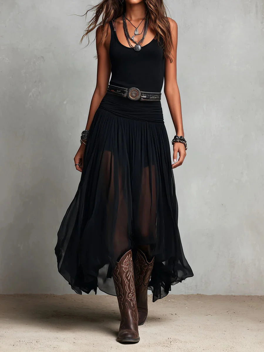 # Abito Maxi Nero Smanicato con Top a Canotta, Gonna in Tulle e Cintura