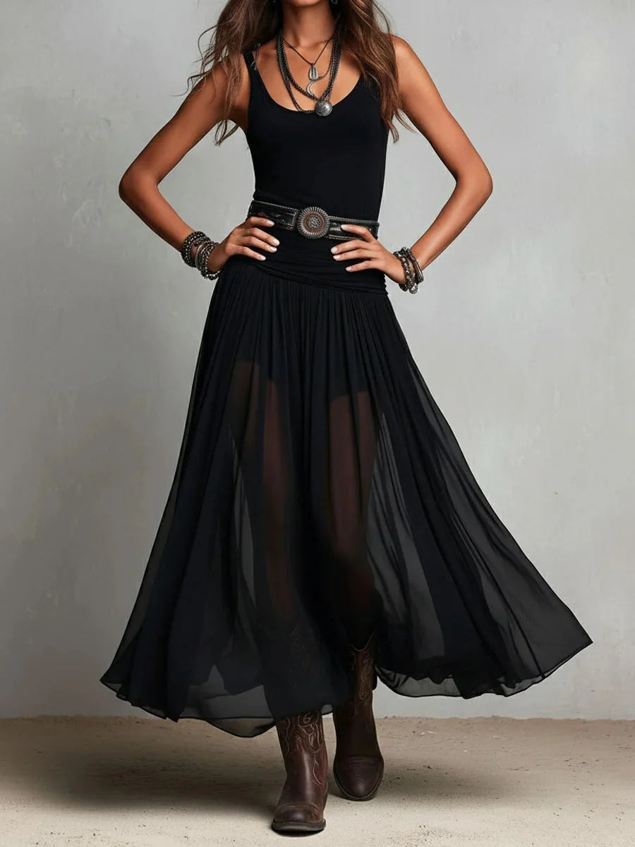 # Abito Maxi Nero Smanicato con Top a Canotta, Gonna in Tulle e Cintura