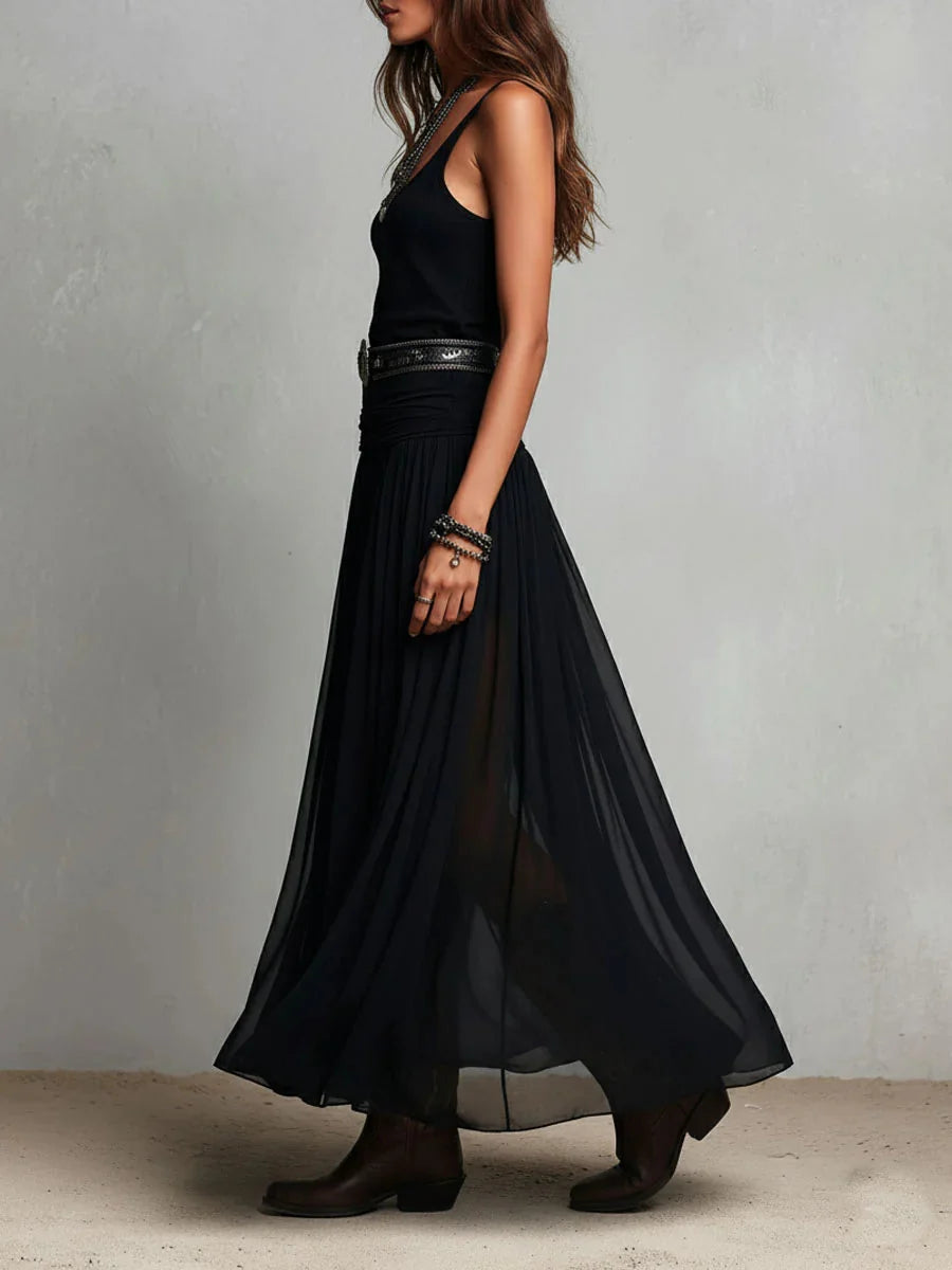 # Abito Maxi Nero Smanicato con Top a Canotta, Gonna in Tulle e Cintura