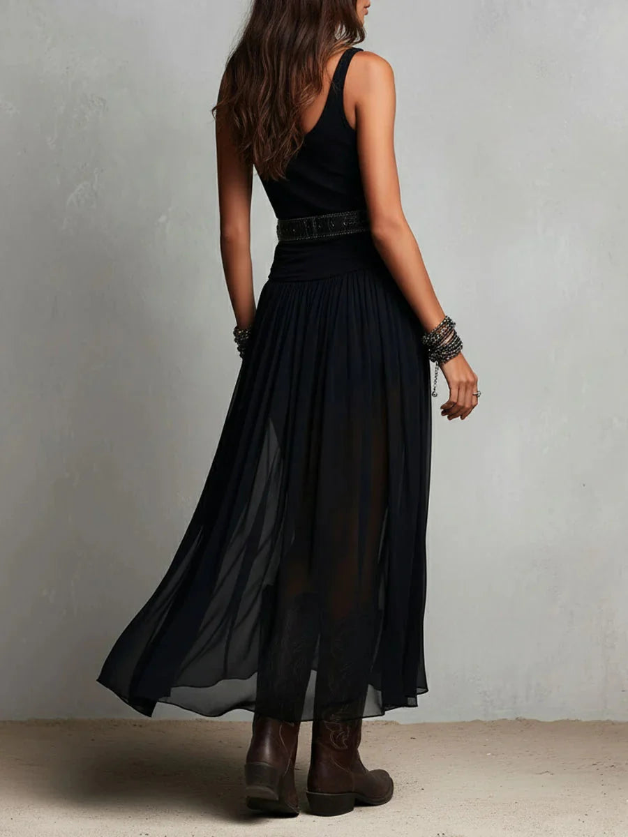 # Abito Maxi Nero Smanicato con Top a Canotta, Gonna in Tulle e Cintura