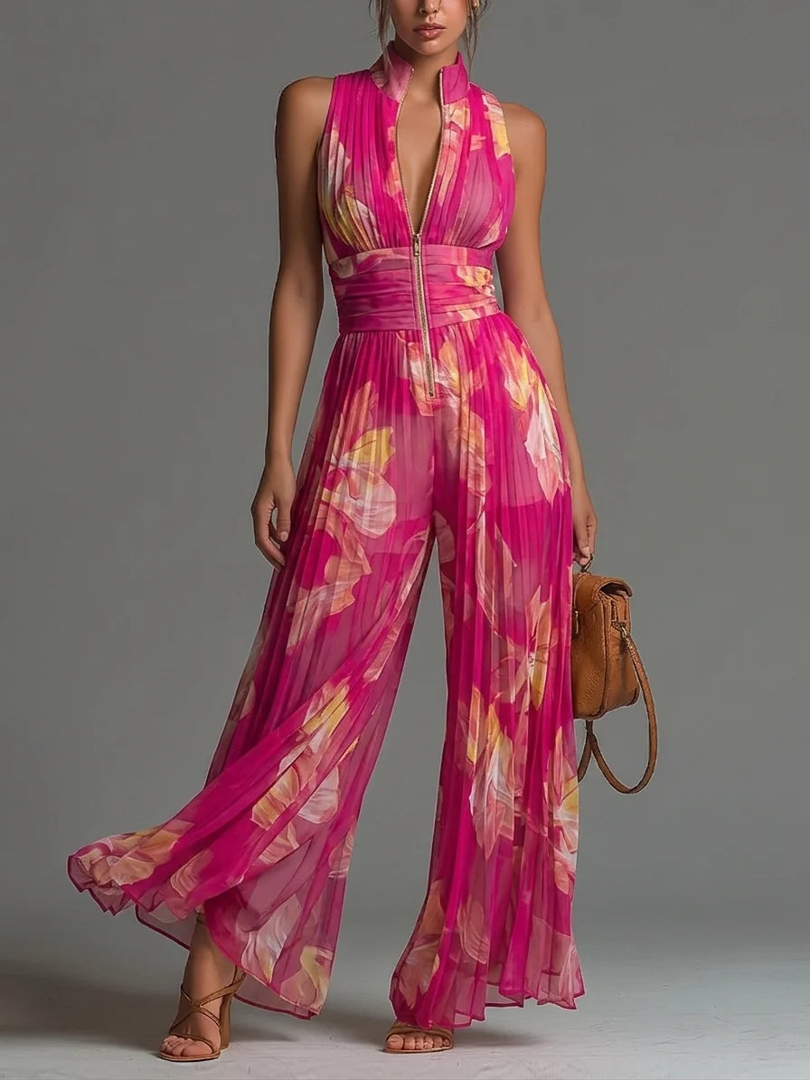 Tuta Fucsia Smanicata in Chiffon con Stampa Floreale, Pantaloni Plissettati a Gamba Larga e Chiusura con Cerniera
