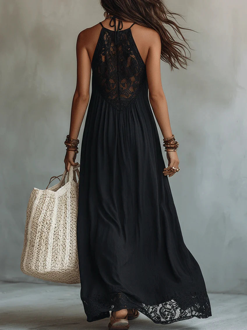 # Abito Maxi Nero Boho Smanicato con Dettagli in Pizzo