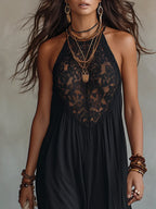 # Abito Maxi Nero Boho Smanicato con Dettagli in Pizzo