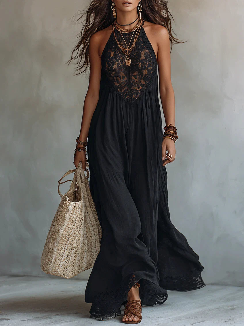 # Abito Maxi Nero Boho Smanicato con Dettagli in Pizzo