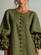 Abito Mini a Camicia Floreale Verde Oliva con Polsini Floreali Stravaganti