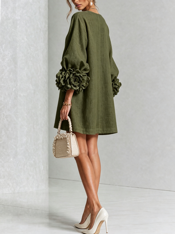 Abito Mini a Camicia Floreale Verde Oliva con Polsini Floreali Stravaganti