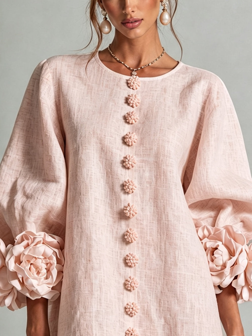 Abito Mini Floreale Rosa Con Bottoni Con Maniche Floreali Sorprendenti