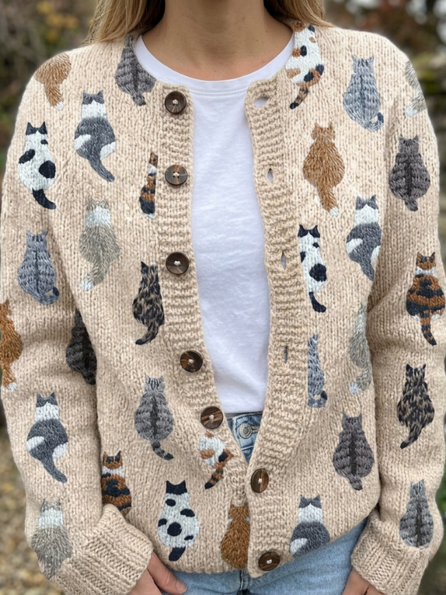 Charlotte | Cardigan in Maglia con Stampa Gatti - Beige