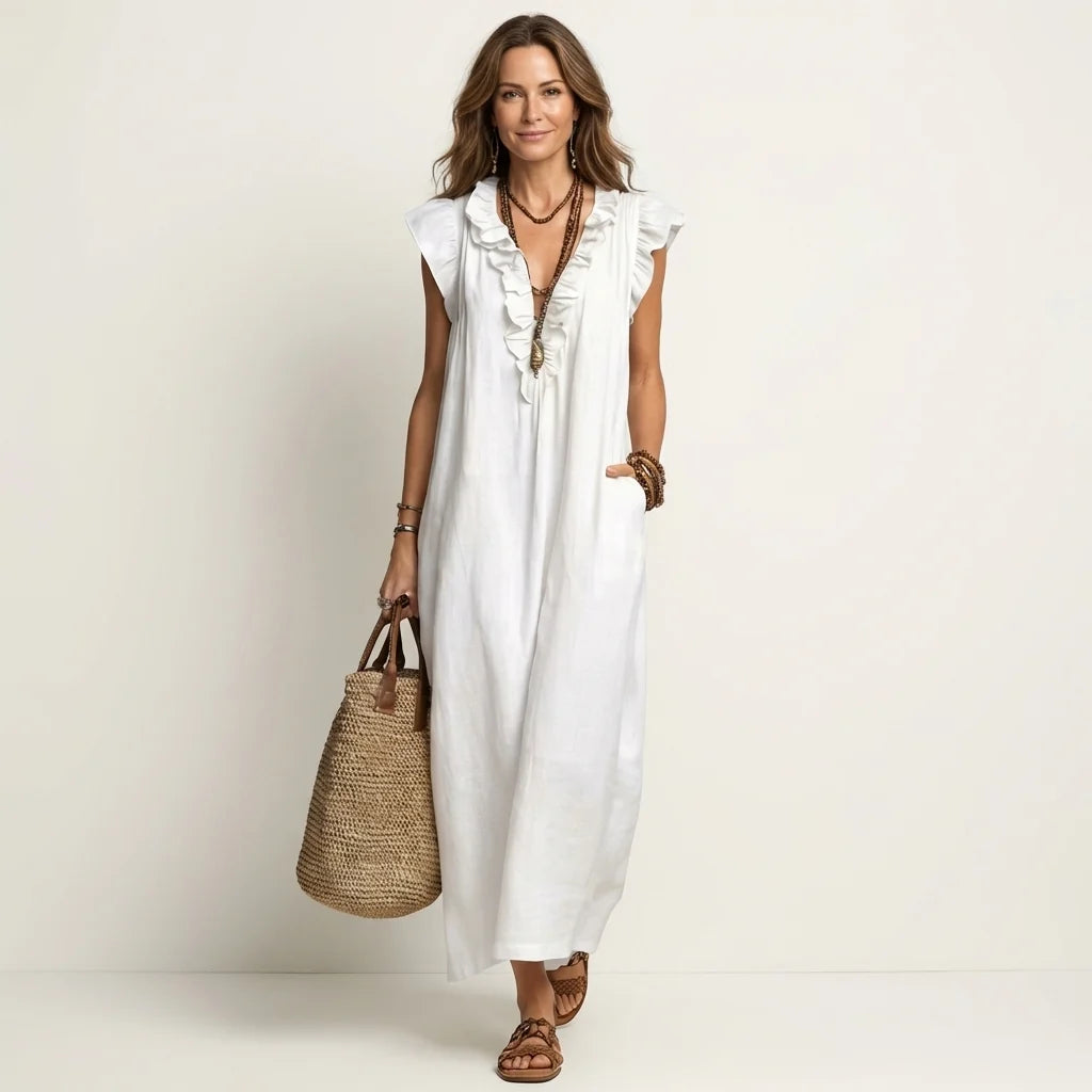 # Josette | Abito Maxi in Lino con Scollo a V e Volant
