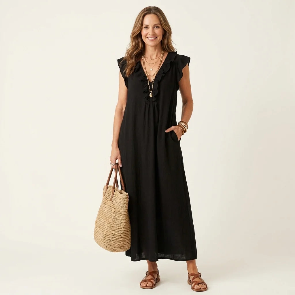 # Josette | Abito Maxi in Lino con Scollo a V e Volant