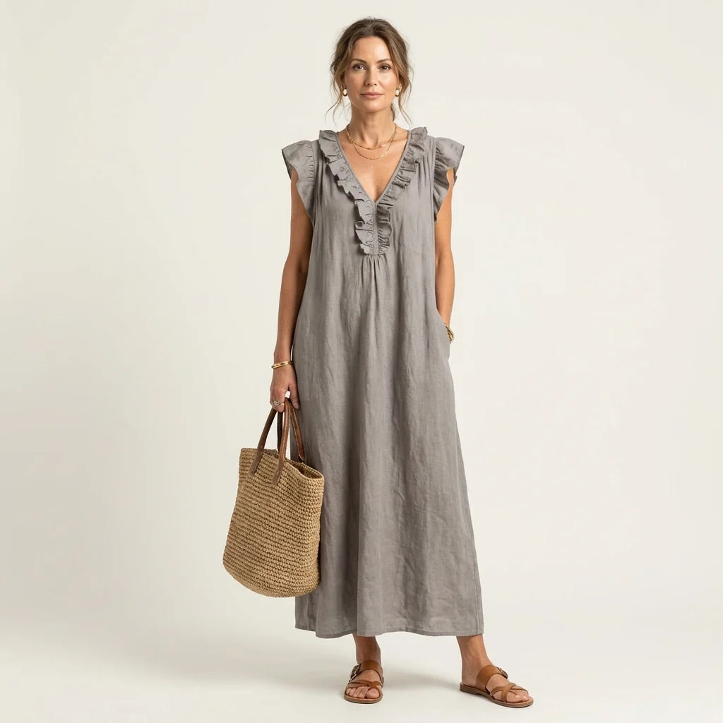 # Josette | Abito Maxi in Lino con Scollo a V e Volant