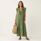 # Josette | Abito Maxi in Lino con Scollo a V e Volant
