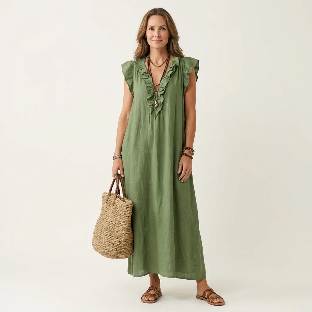 # Josette | Abito Maxi in Lino con Scollo a V e Volant
