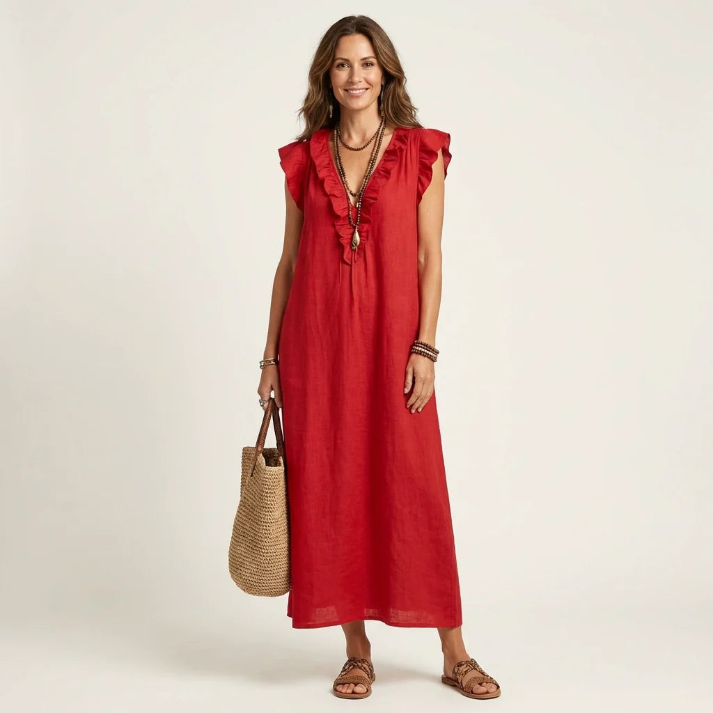 # Josette | Abito Maxi in Lino con Scollo a V e Volant