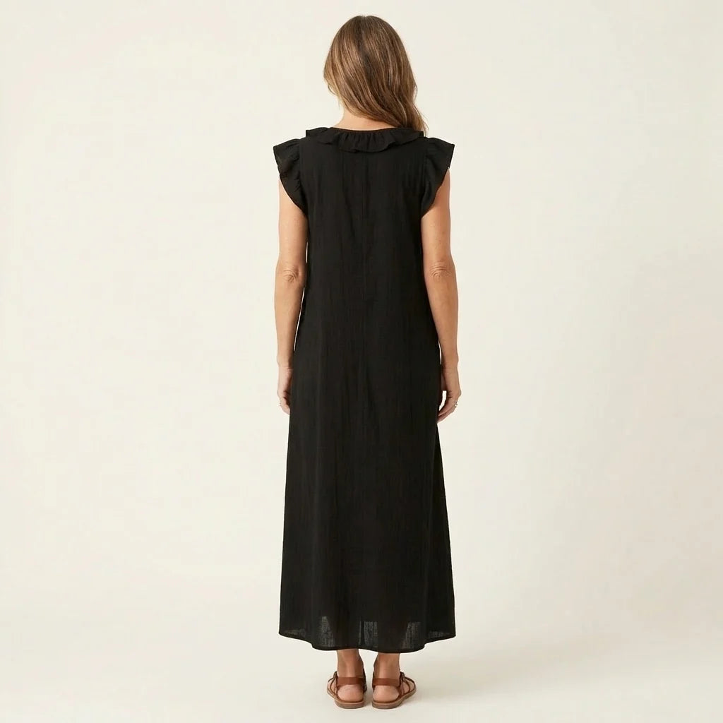 # Josette | Abito Maxi in Lino con Scollo a V e Volant