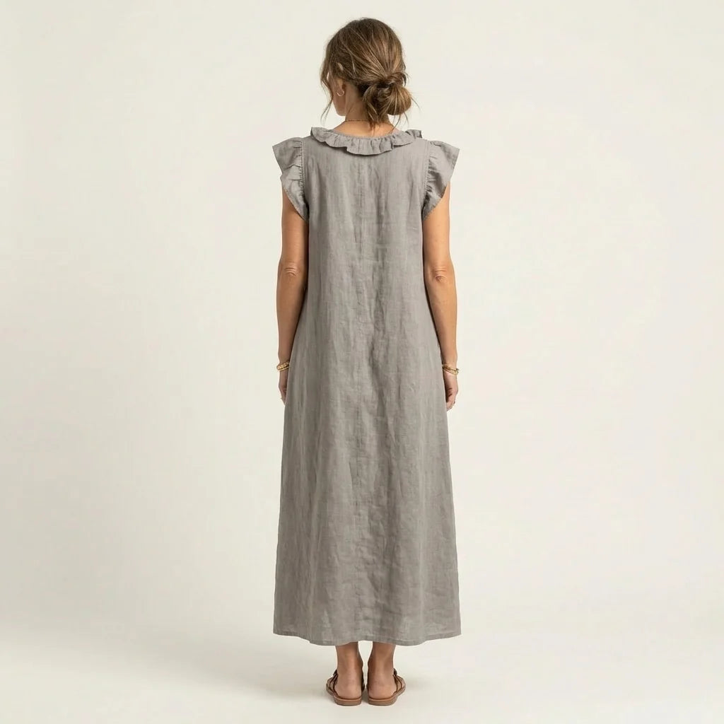 # Josette | Abito Maxi in Lino con Scollo a V e Volant