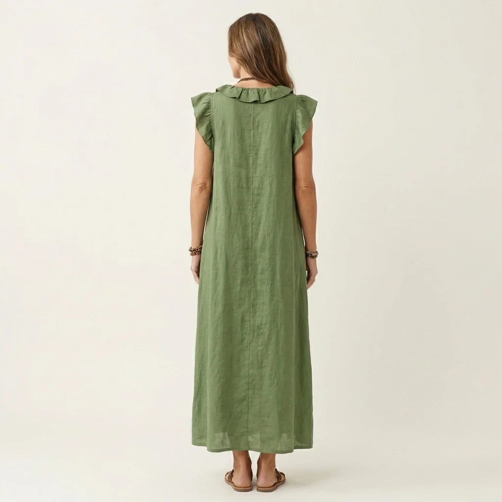 # Josette | Abito Maxi in Lino con Scollo a V e Volant