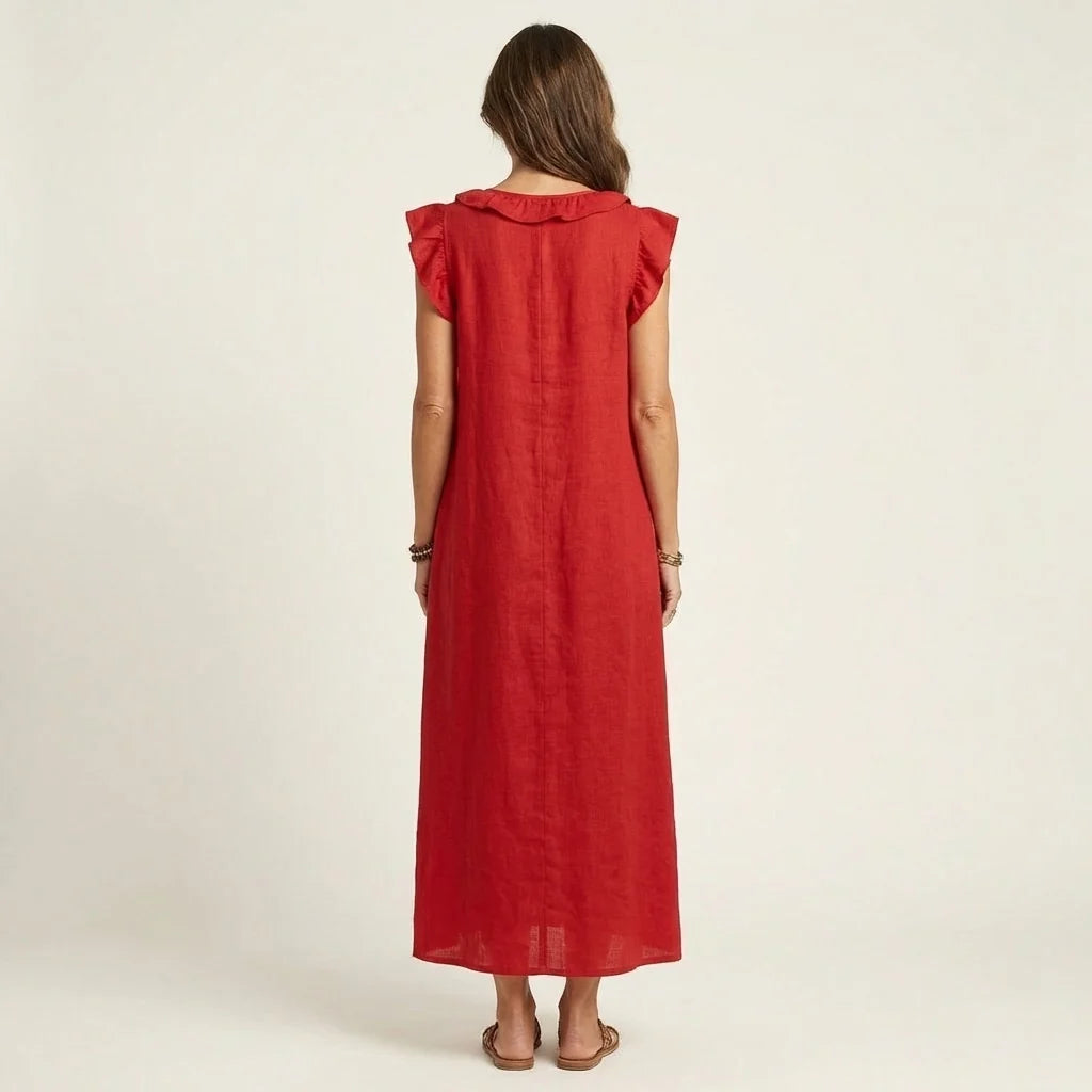 # Josette | Abito Maxi in Lino con Scollo a V e Volant