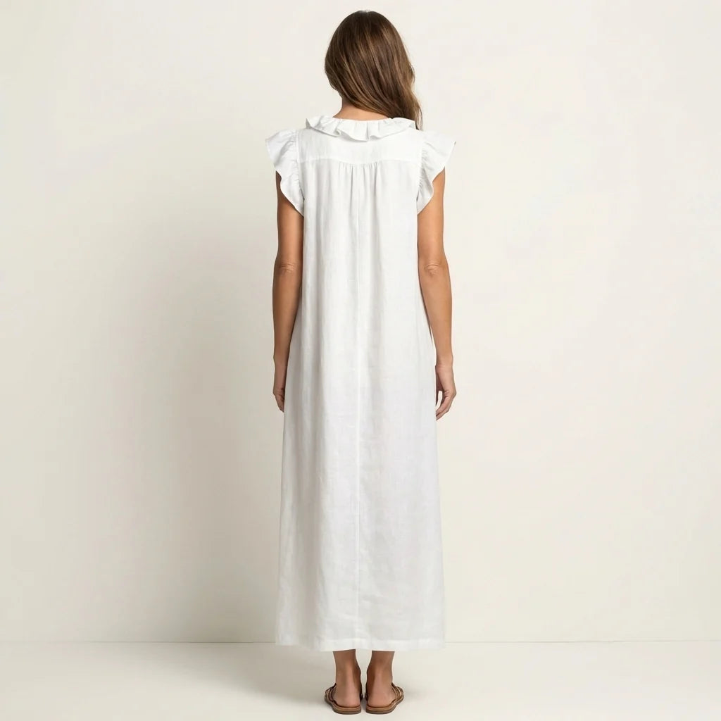 # Josette | Abito Maxi in Lino con Scollo a V e Volant