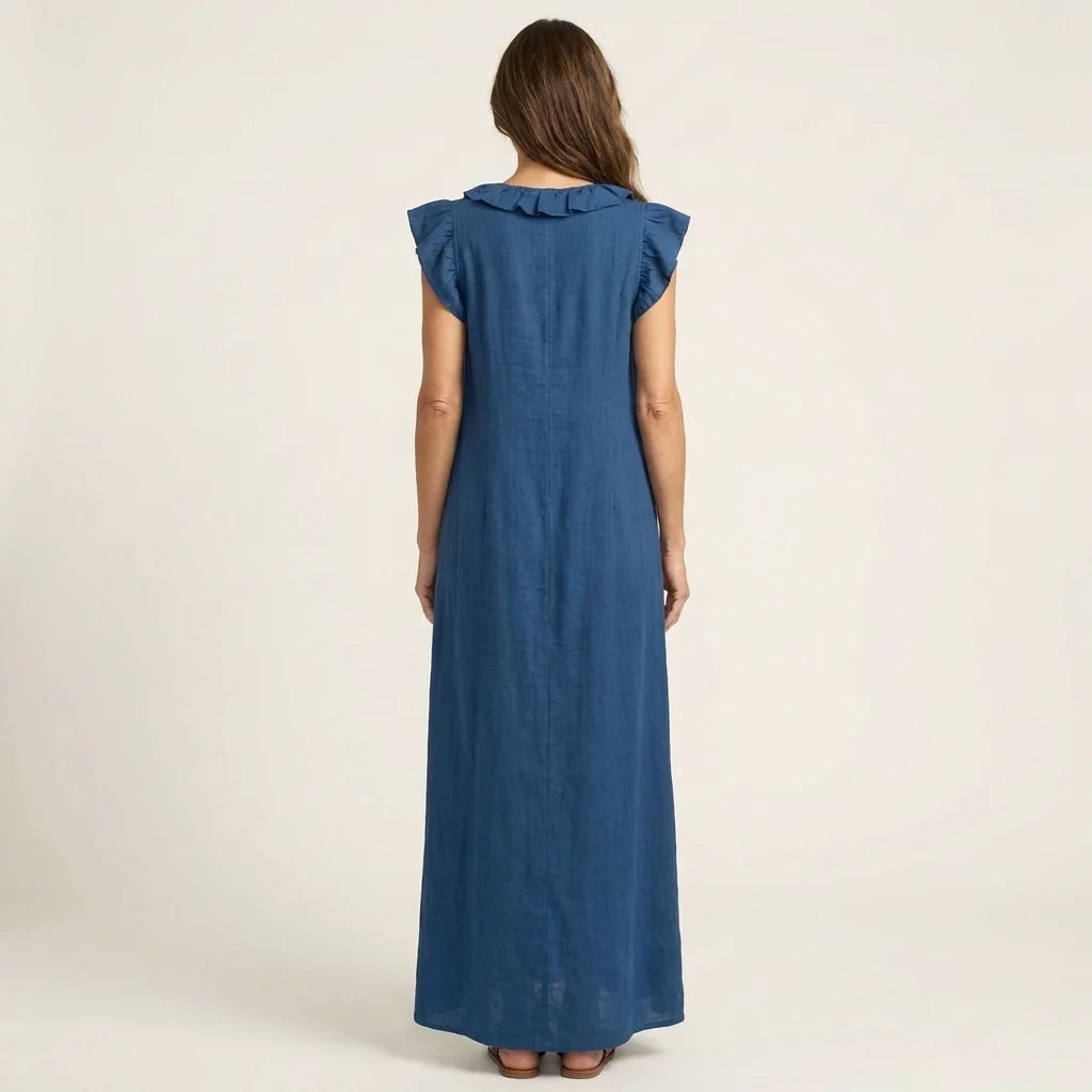 # Josette | Abito Maxi in Lino con Scollo a V e Volant