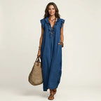 # Josette | Abito Maxi in Lino con Scollo a V e Volant
