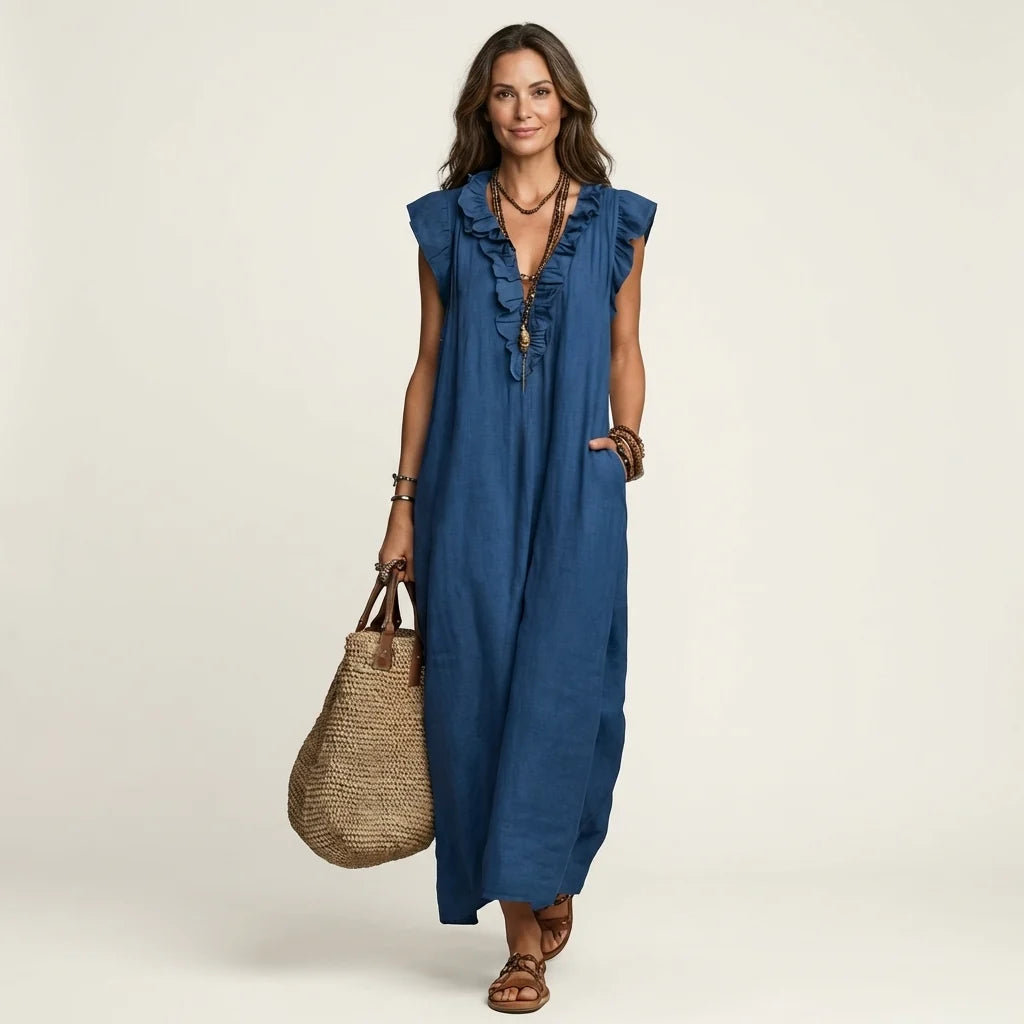 # Josette | Abito Maxi in Lino con Scollo a V e Volant